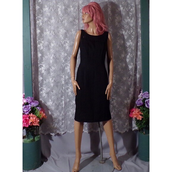 Vintage 60s Black Cocktail Dress Linen Cut Outs Classic 1960s Size Medium - Picture 2 of 6